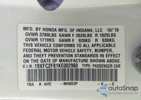 2019 Honda Civic Sport from USA, damaged, VIN 19XFC2F81KE002960